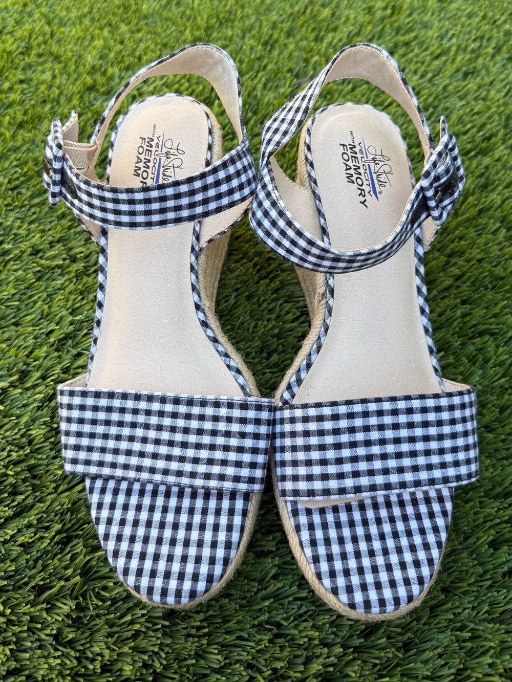 LifeStride Gingham Espadrille Wedge Sandals Size 8.5